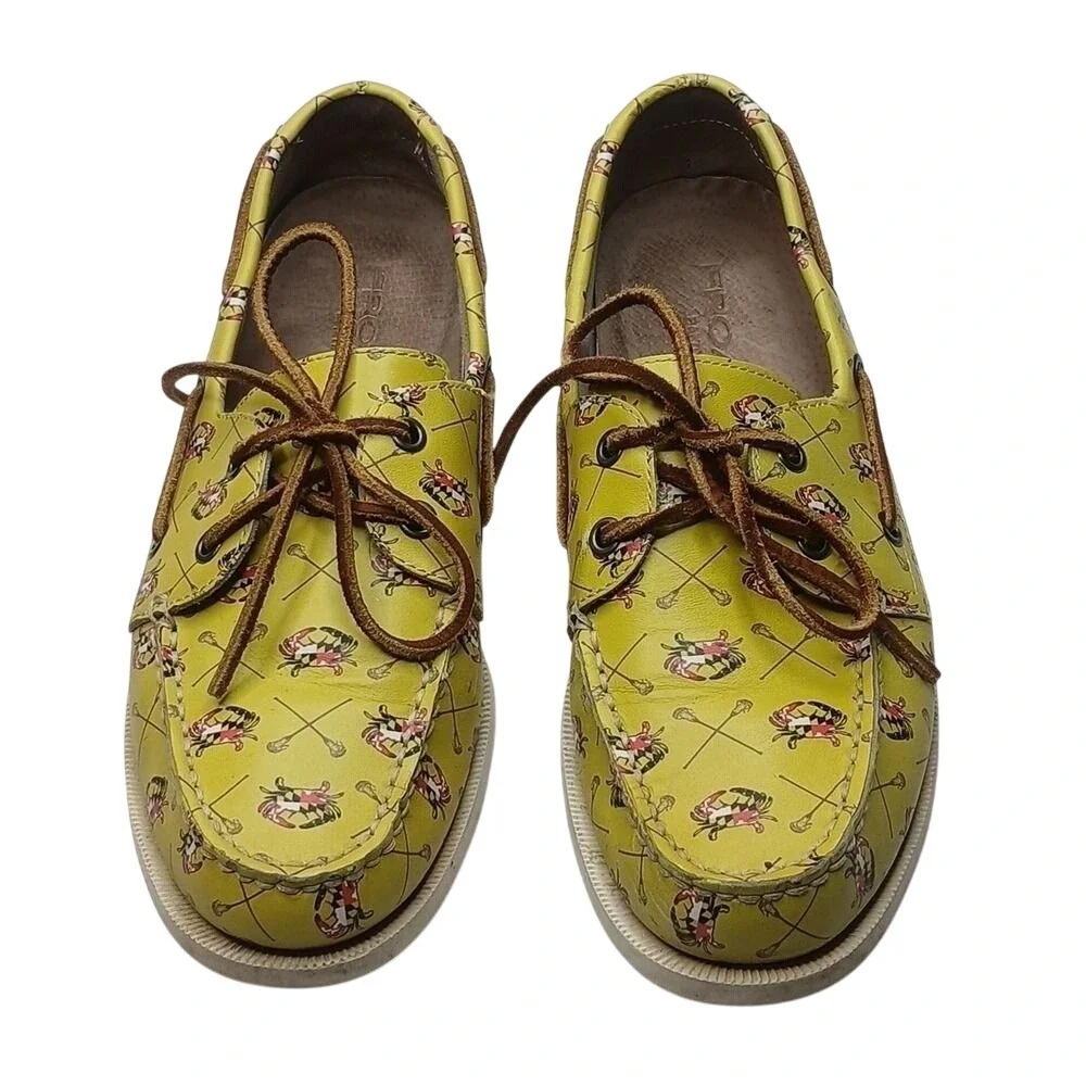 Froats Boat Shoes Mens 6 Yellow Leather Crab Lacrosse Print Nautical Loafers‎